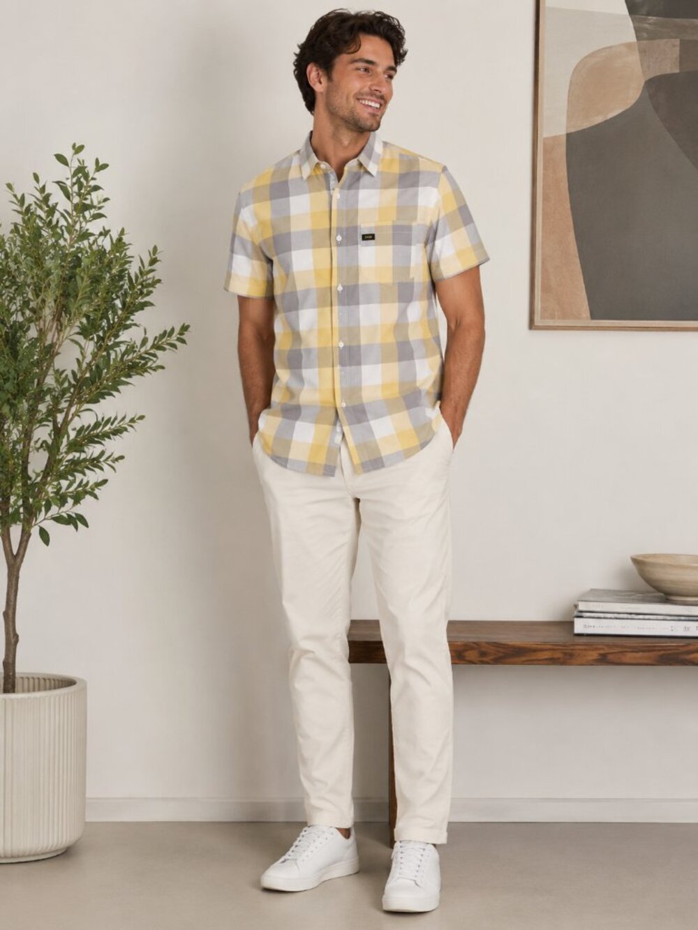NWT Lee Yellow Gray Plaid Stretch Button Up Shirt Medium Regular Fit